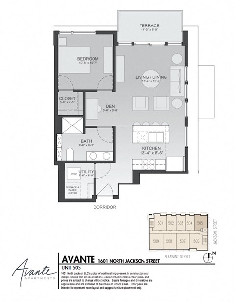 Floor plan for 1 bed, 1 bath, 736 sqft